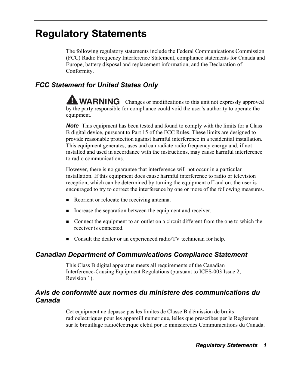 Regulatory statements, Fcc statement for united states only | NEC Versa Series User Manual | Page 148 / 150