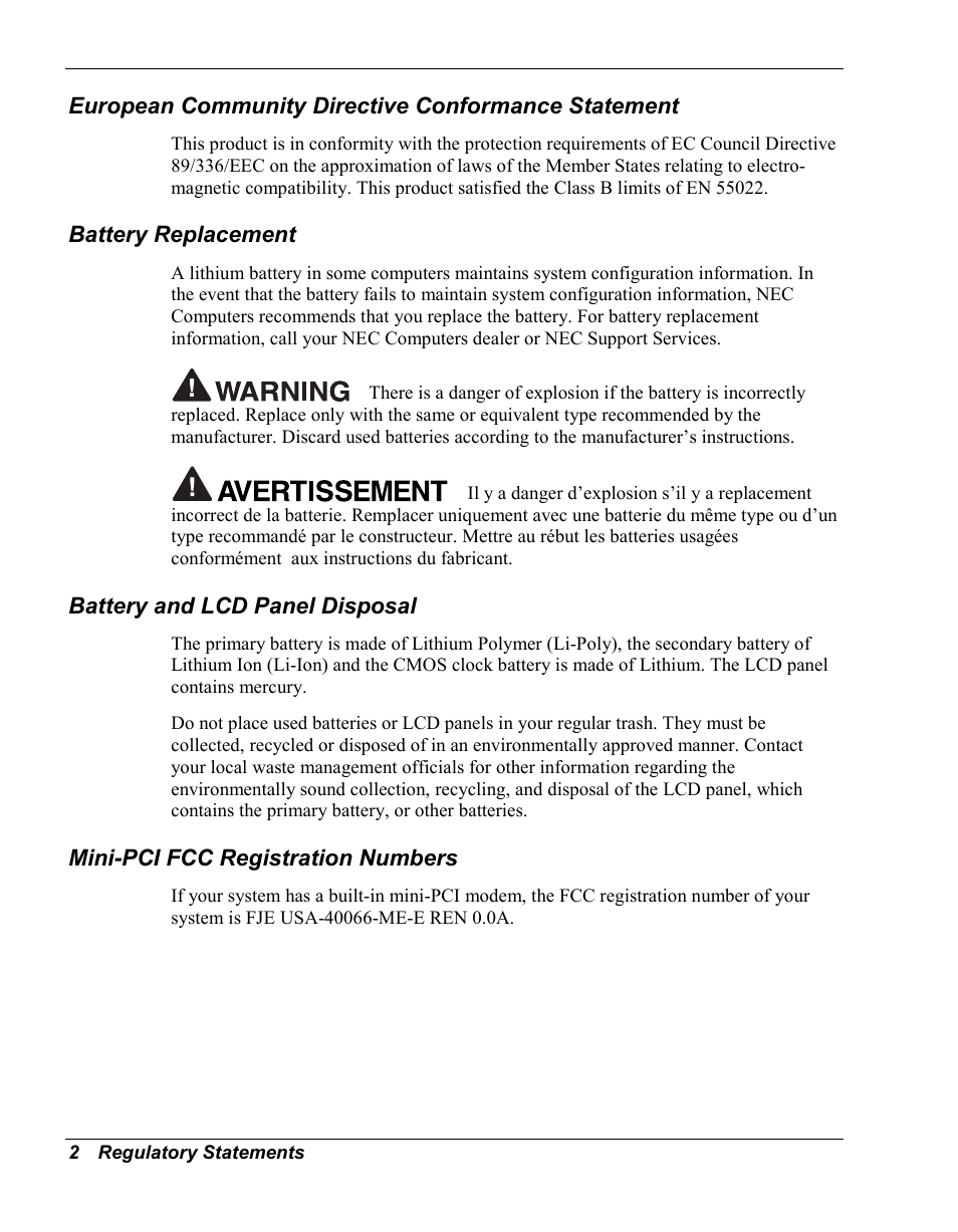 European community directive conformance statement, Battery replacement, Battery and lcd panel disposal | Mini-pci fcc registration numbers | NEC Versa Series User Manual | Page 149 / 150