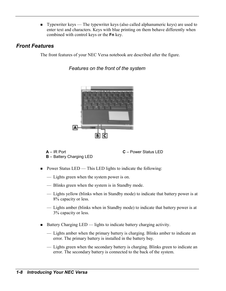 Front features | NEC Versa Series User Manual | Page 16 / 150
