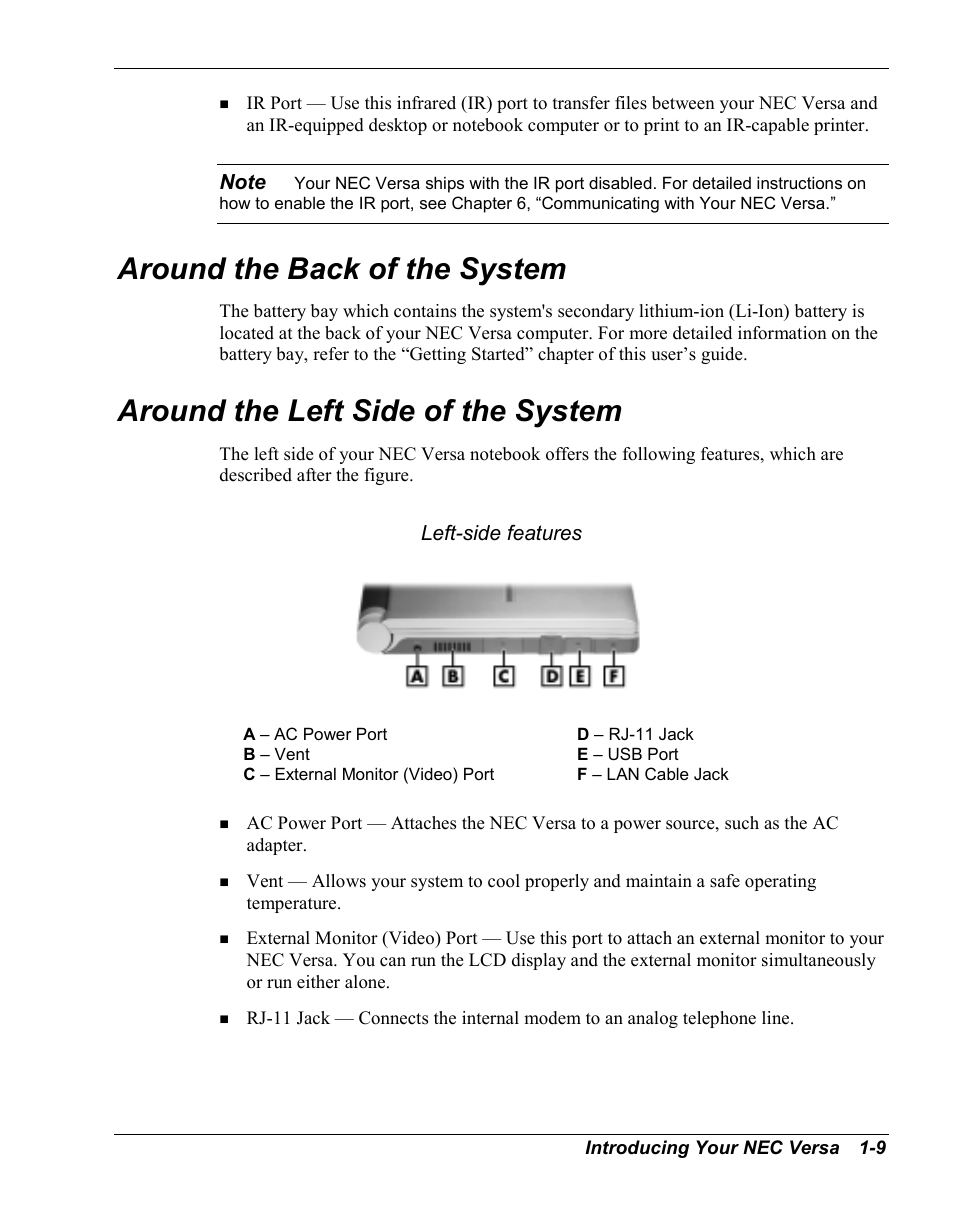 Around the back of the system, Around the left side of the system | NEC Versa Series User Manual | Page 17 / 150