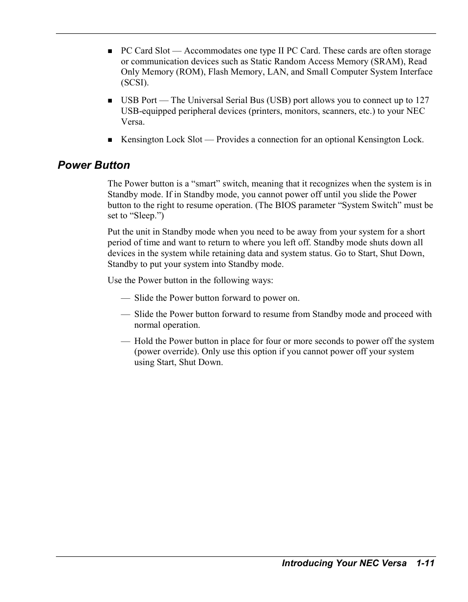 Power button | NEC Versa Series User Manual | Page 19 / 150