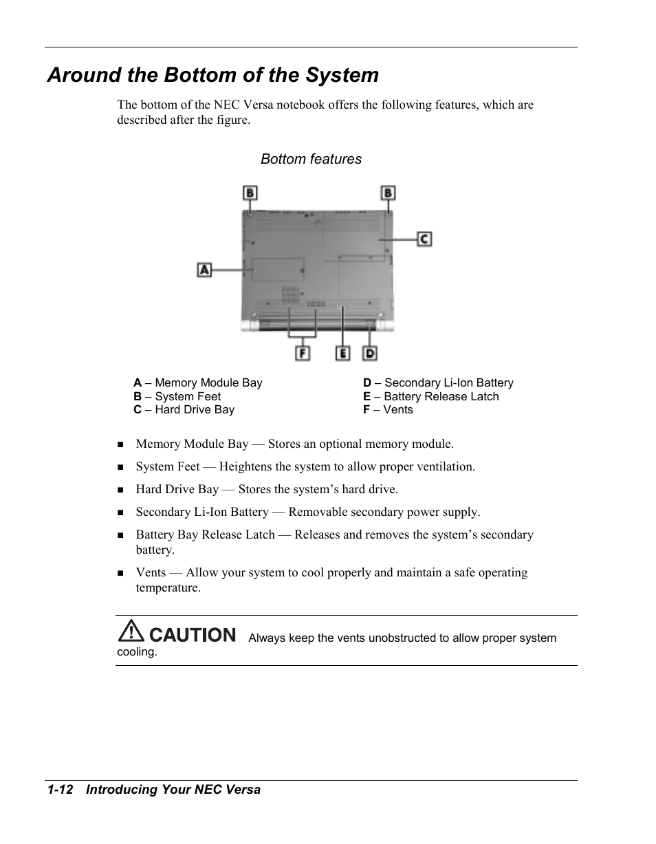Around the bottom of the system, Bottom features | NEC Versa Series User Manual | Page 20 / 150