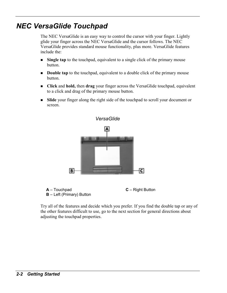 Nec versaglide touchpad | NEC Versa Series User Manual | Page 22 / 150