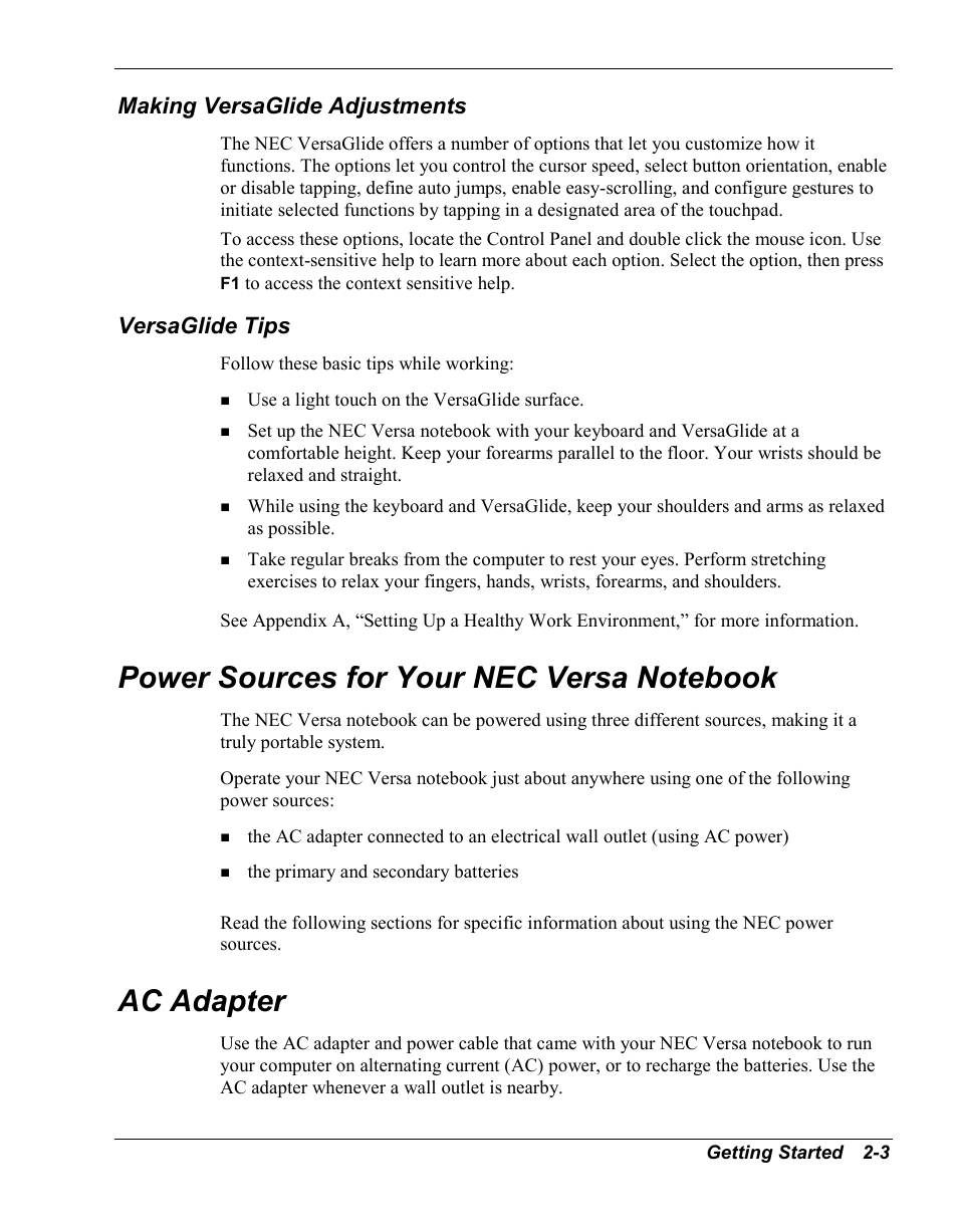 Making versaglide adjustments, Versaglide tips, Power sources for your nec versa notebook | Ac adapter | NEC Versa Series User Manual | Page 23 / 150