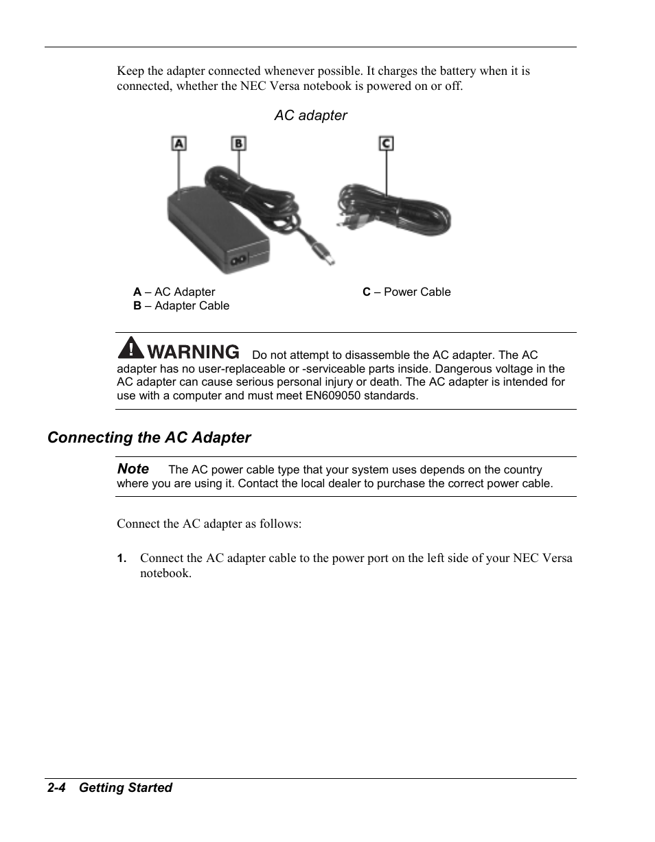Connecting the ac adapter | NEC Versa Series User Manual | Page 24 / 150