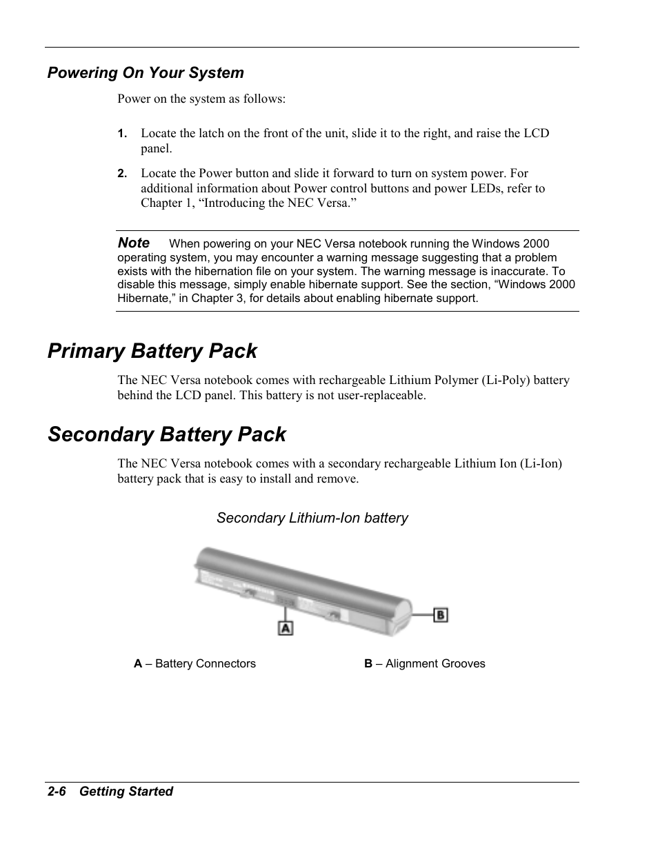 Powering on your system, Primary battery pack, Secondary battery pack | NEC Versa Series User Manual | Page 26 / 150