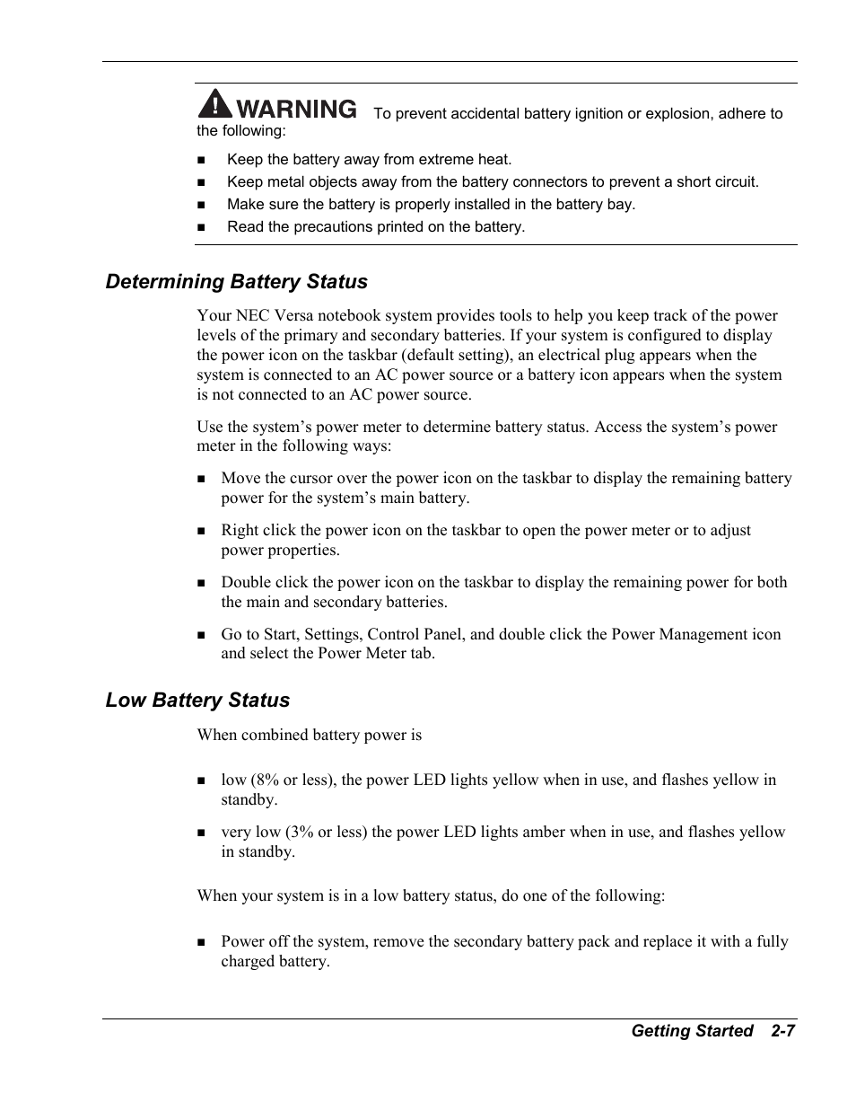Determining battery status, Low battery status | NEC Versa Series User Manual | Page 27 / 150