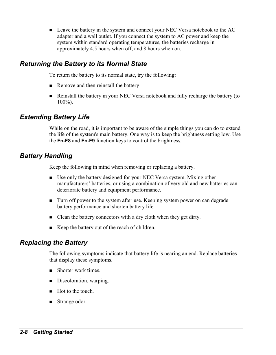 Returning the battery to its normal state, Extending battery life, Battery handling | Replacing the battery | NEC Versa Series User Manual | Page 28 / 150