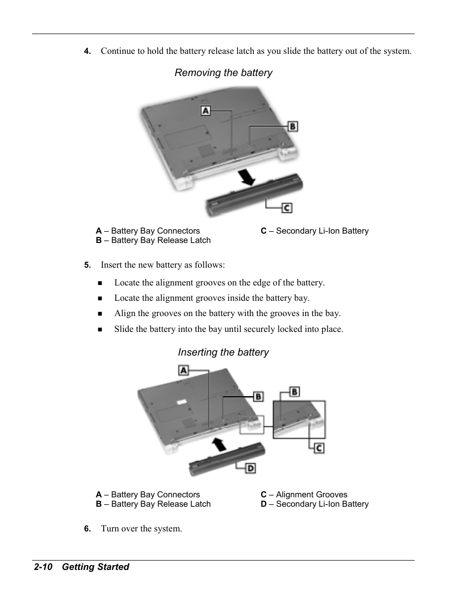 Removing the battery, Inserting the battery | NEC Versa Series User Manual | Page 30 / 150