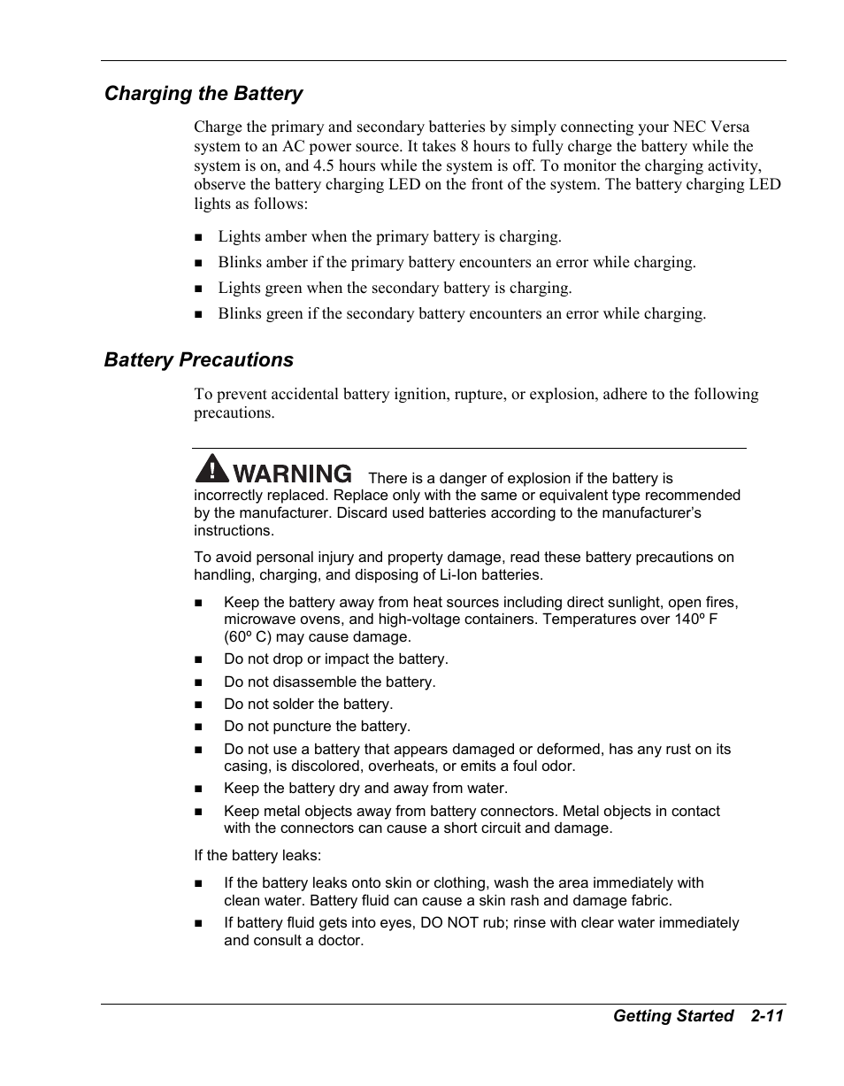 Charging the battery, Battery precautions | NEC Versa Series User Manual | Page 31 / 150