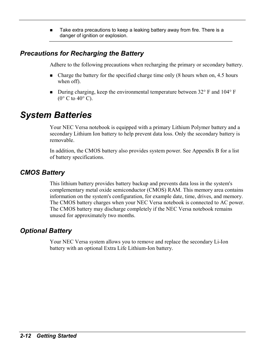 Precautions for recharging the battery, System batteries, Cmos battery | Optional battery | NEC Versa Series User Manual | Page 32 / 150