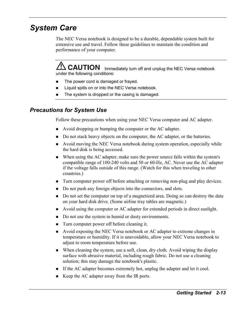 System care, Precautions for system use | NEC Versa Series User Manual | Page 33 / 150