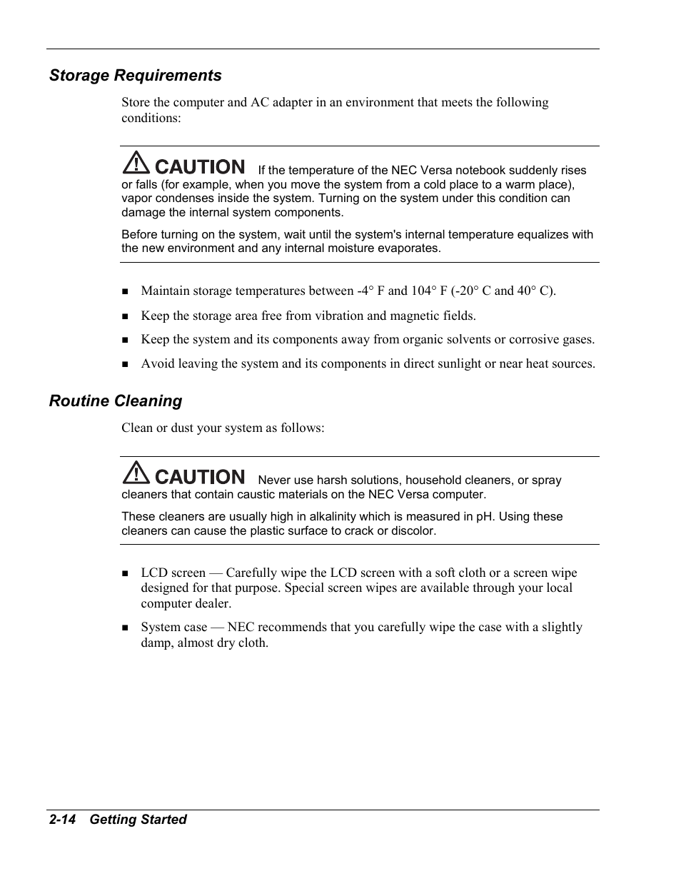 Storage requirements, Routine cleaning | NEC Versa Series User Manual | Page 34 / 150