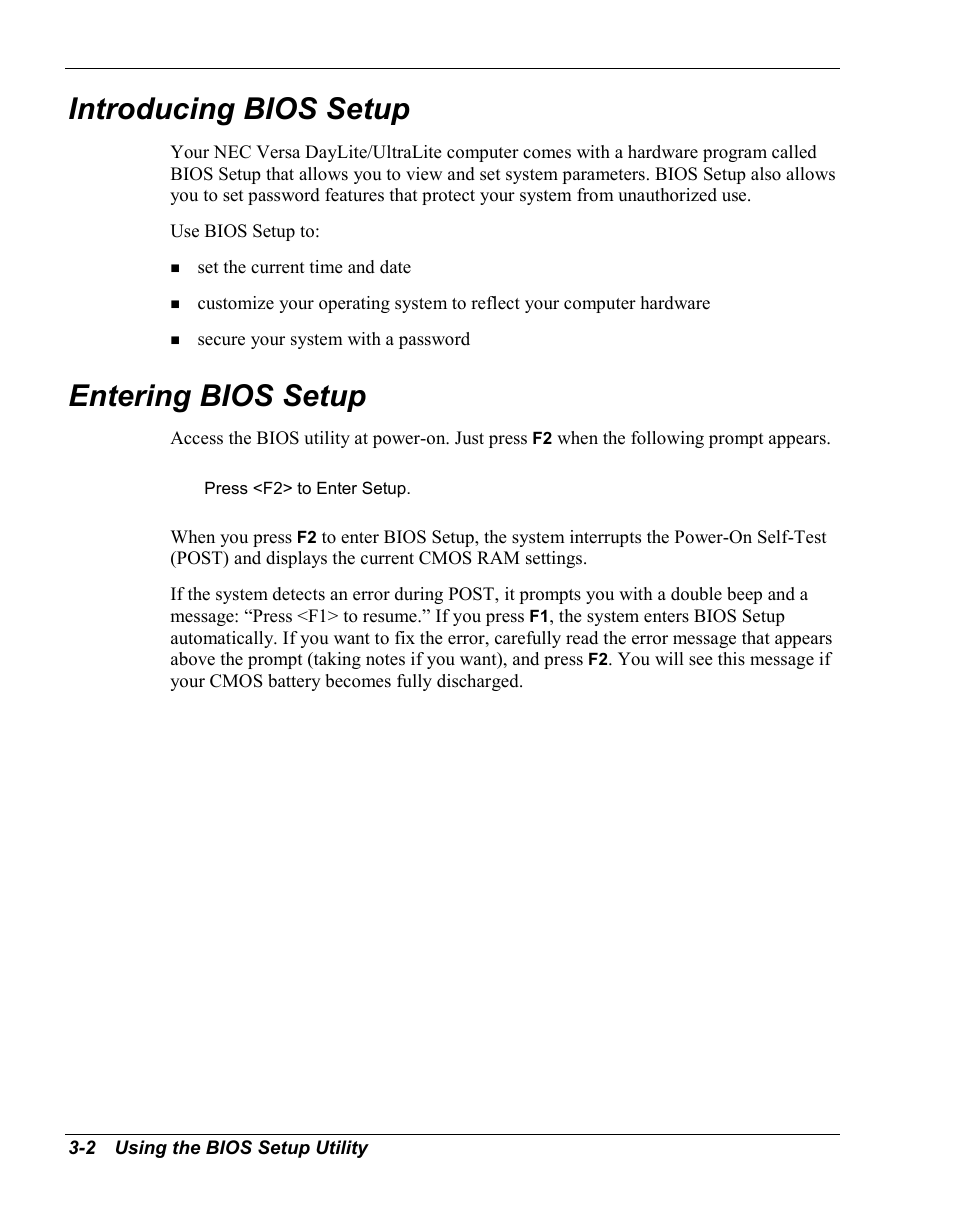 Introducing bios setup, Entering bios setup | NEC Versa Series User Manual | Page 36 / 150