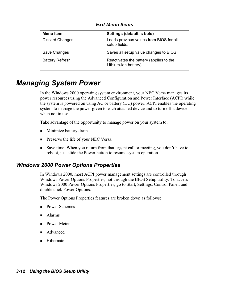 Managing system power, Windows 2000 power options properties, Exit menu items | NEC Versa Series User Manual | Page 46 / 150