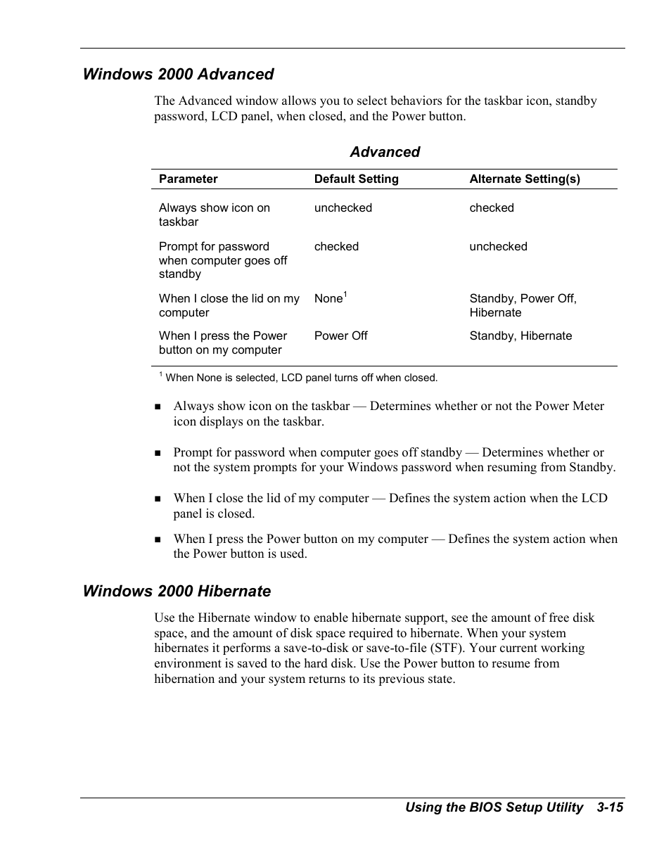 Windows 2000 advanced, Windows 2000 hibernate, Advanced | NEC Versa Series User Manual | Page 49 / 150