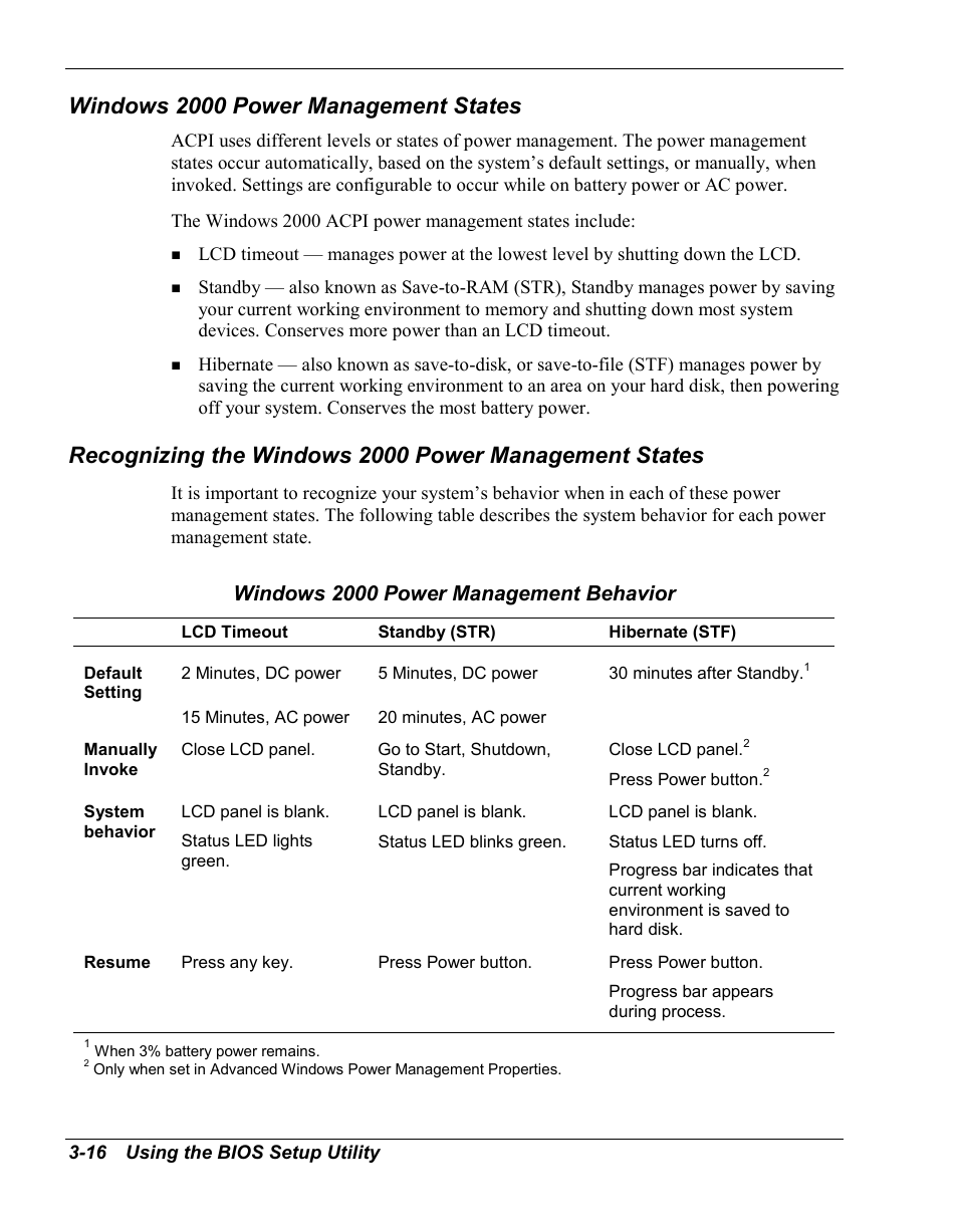 Windows 2000 power management states, Windows 2000 power management behavior | NEC Versa Series User Manual | Page 50 / 150