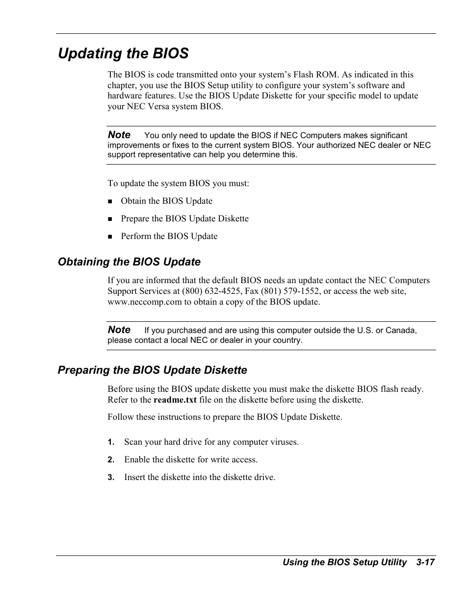 Updating the bios, Obtaining the bios update, Preparing the bios update diskette | NEC Versa Series User Manual | Page 51 / 150