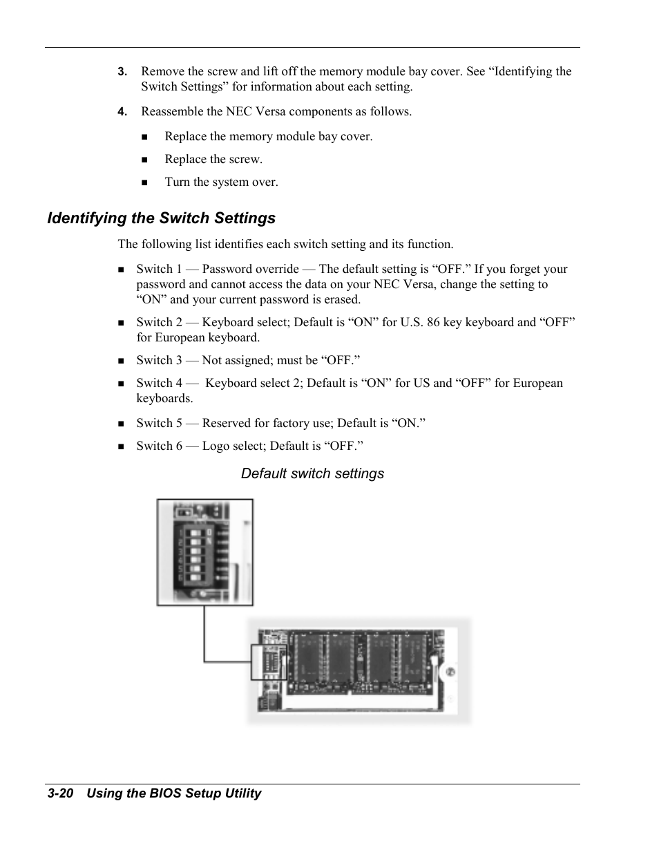 Identifying the switch settings, Default switch settings | NEC Versa Series User Manual | Page 54 / 150