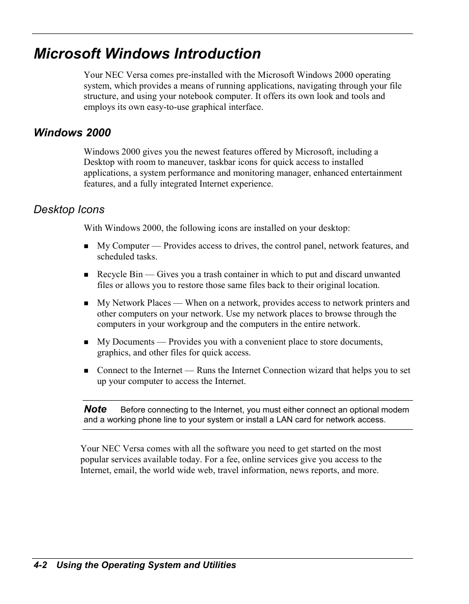 Microsoft windows introduction, Windows 2000, Desktop icons | NEC Versa Series User Manual | Page 57 / 150