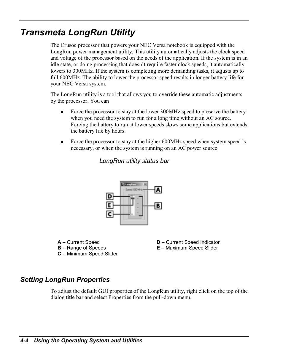 Transmeta longrun utility, Setting longrun properties | NEC Versa Series User Manual | Page 59 / 150