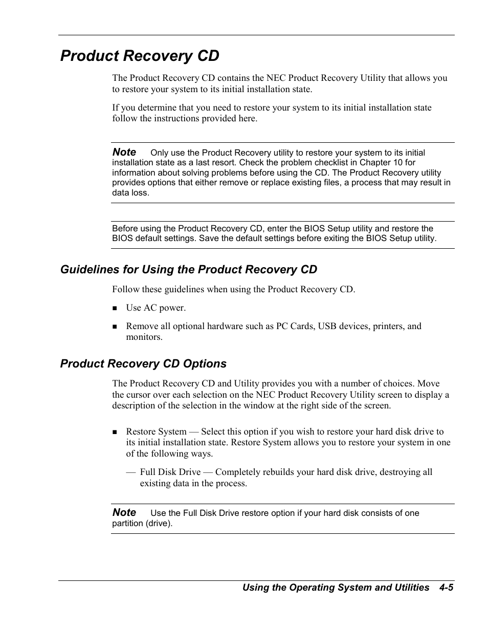 Product recovery cd, Guidelines for using the product recovery cd, Product recovery cd options | NEC Versa Series User Manual | Page 60 / 150