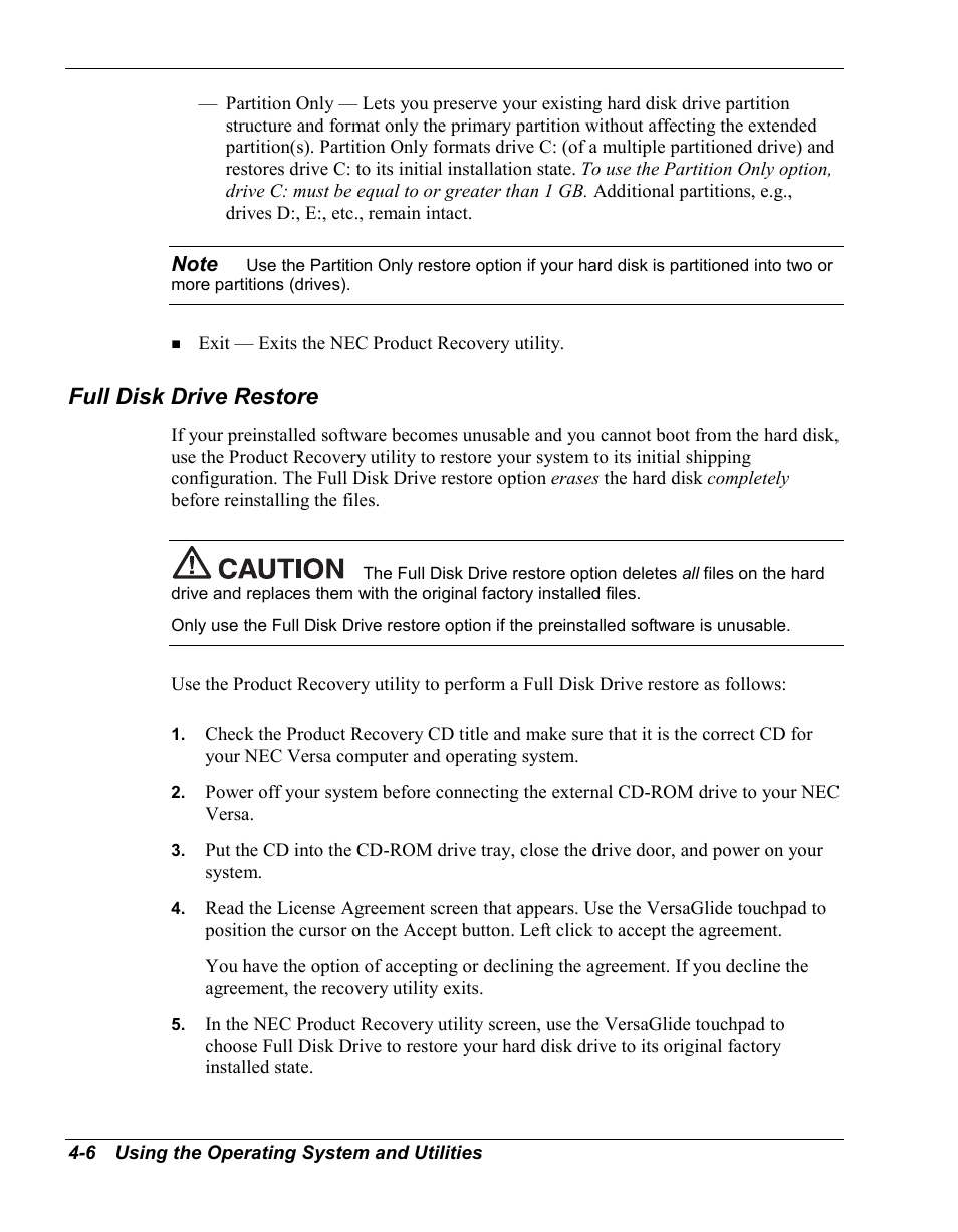 Full disk drive restore | NEC Versa Series User Manual | Page 61 / 150