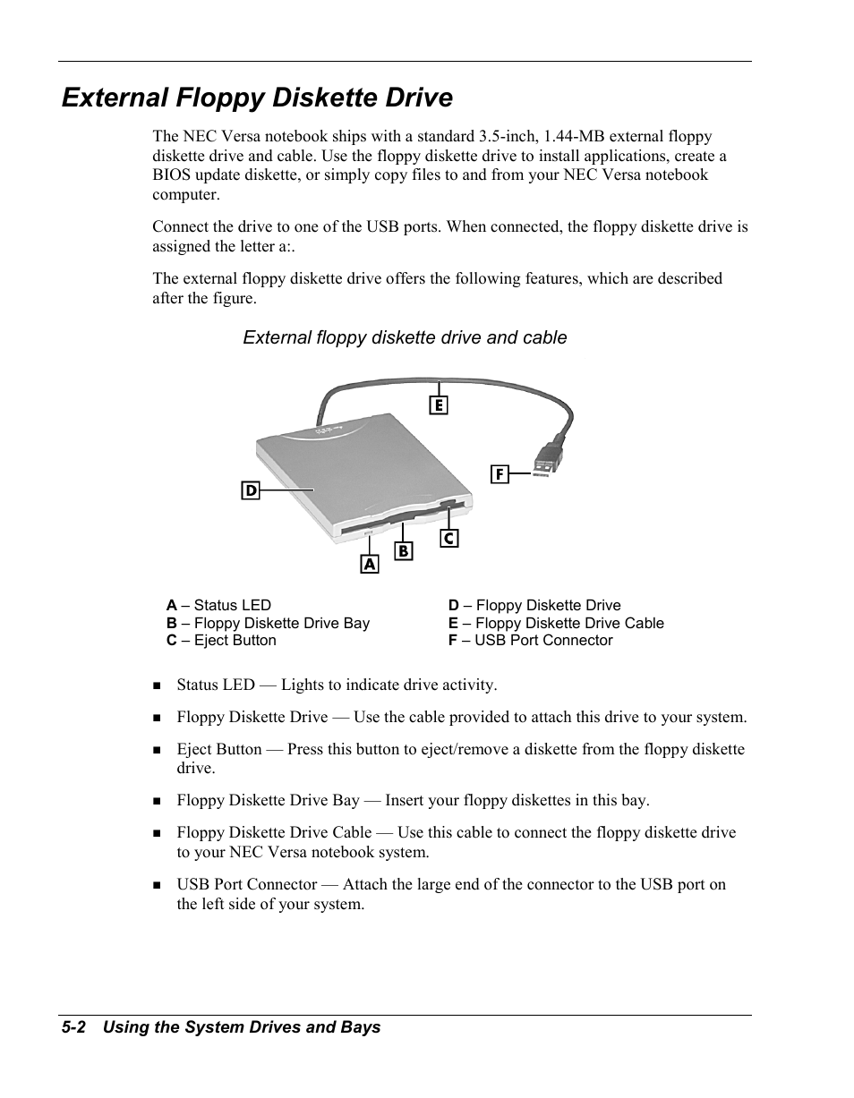 External floppy diskette drive, External floppy diskette drive and cable | NEC Versa Series User Manual | Page 66 / 150