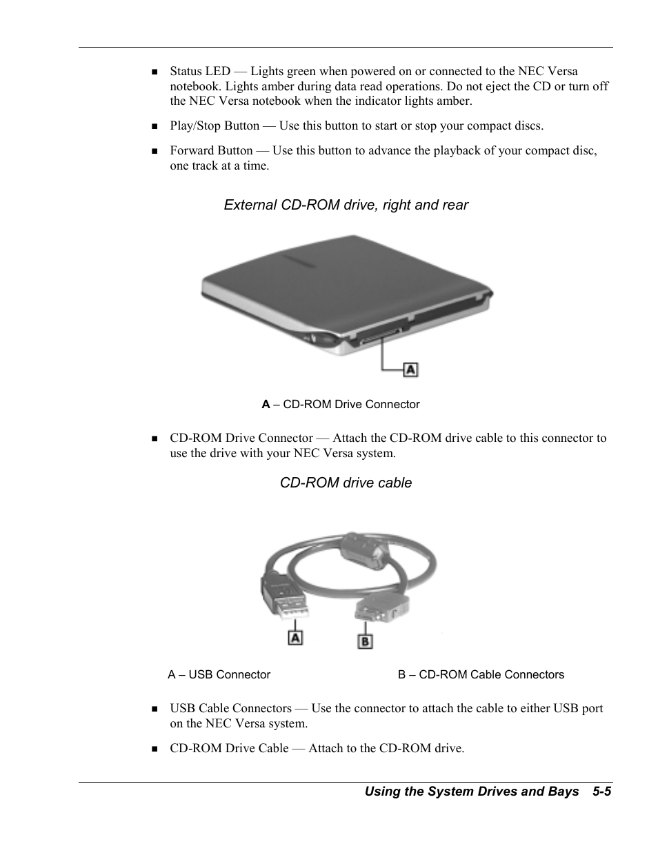 External cd-rom drive, right and rear, Cd-rom drive cable | NEC Versa Series User Manual | Page 69 / 150