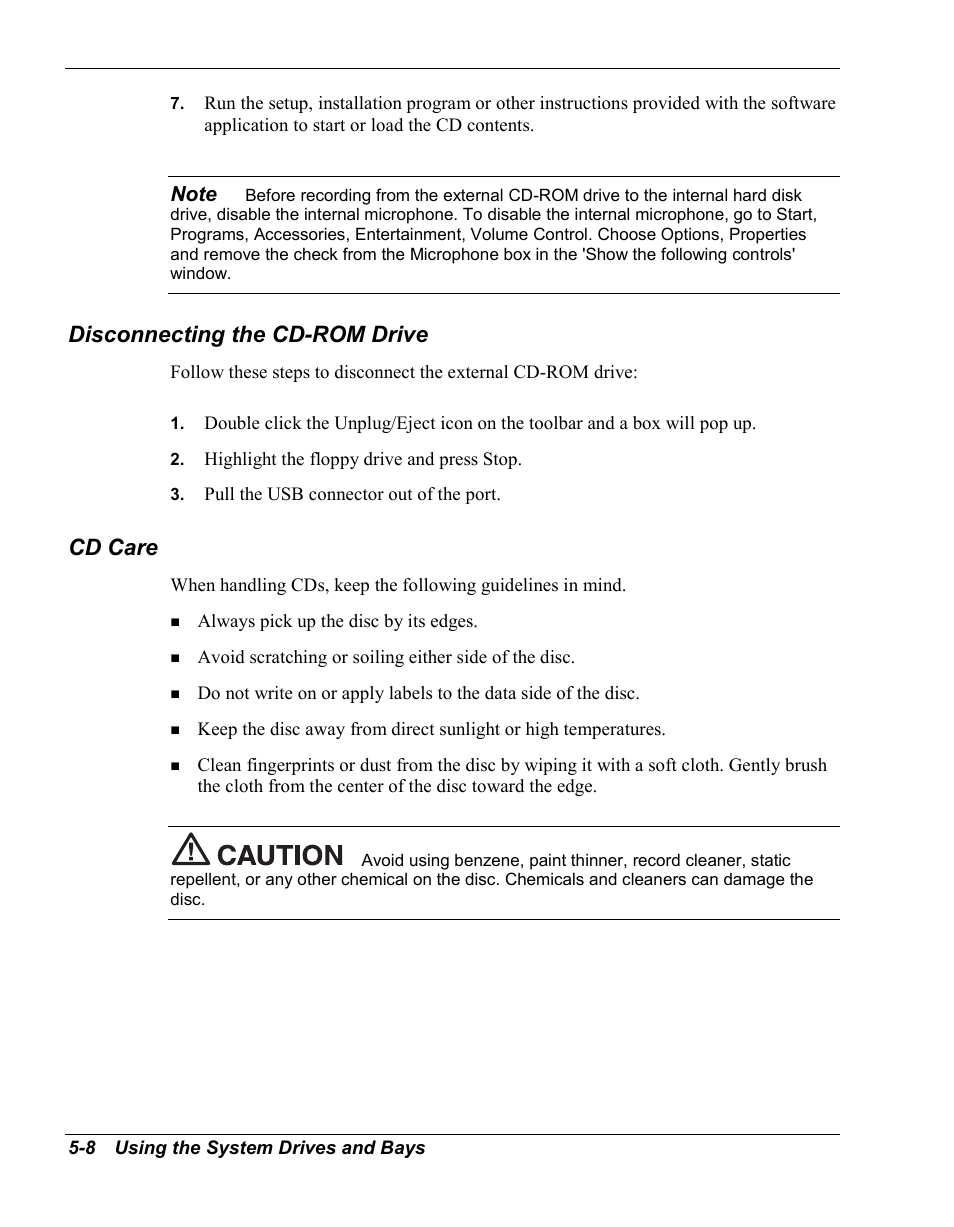 Disconnecting the cd-rom drive, Cd care | NEC Versa Series User Manual | Page 72 / 150