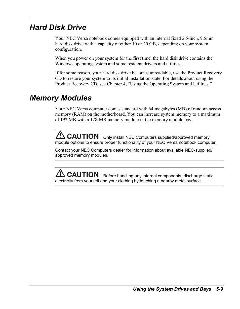 Hard disk drive, Memory modules | NEC Versa Series User Manual | Page 73 / 150