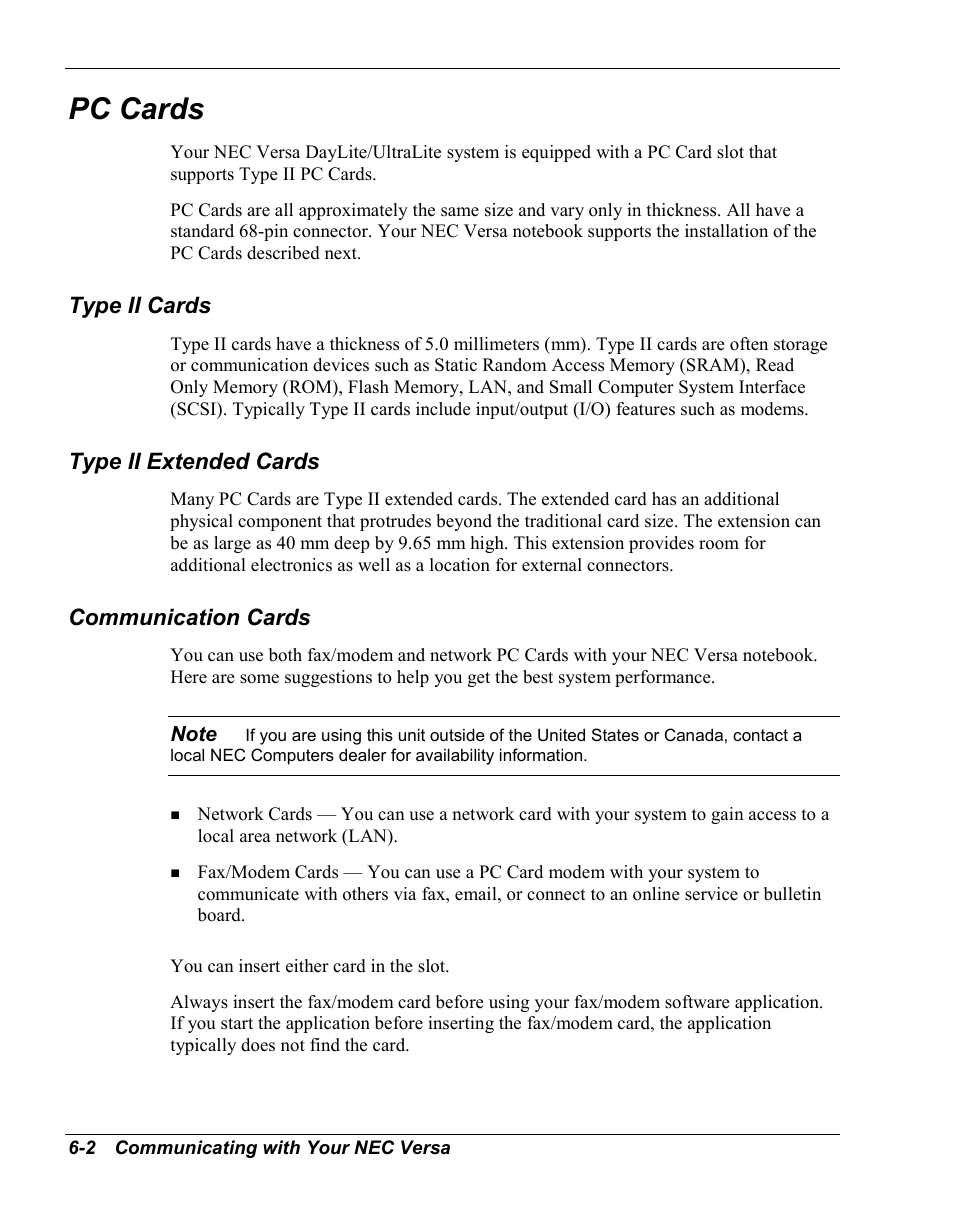 Pc cards, Type ii cards, Type ii extended cards | Communication cards | NEC Versa Series User Manual | Page 78 / 150