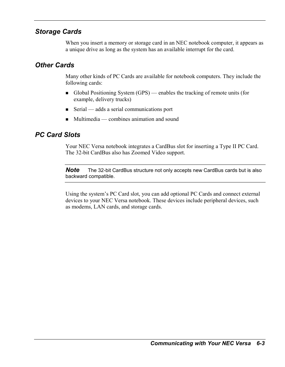 Storage cards, Other cards, Pc card slots | NEC Versa Series User Manual | Page 79 / 150