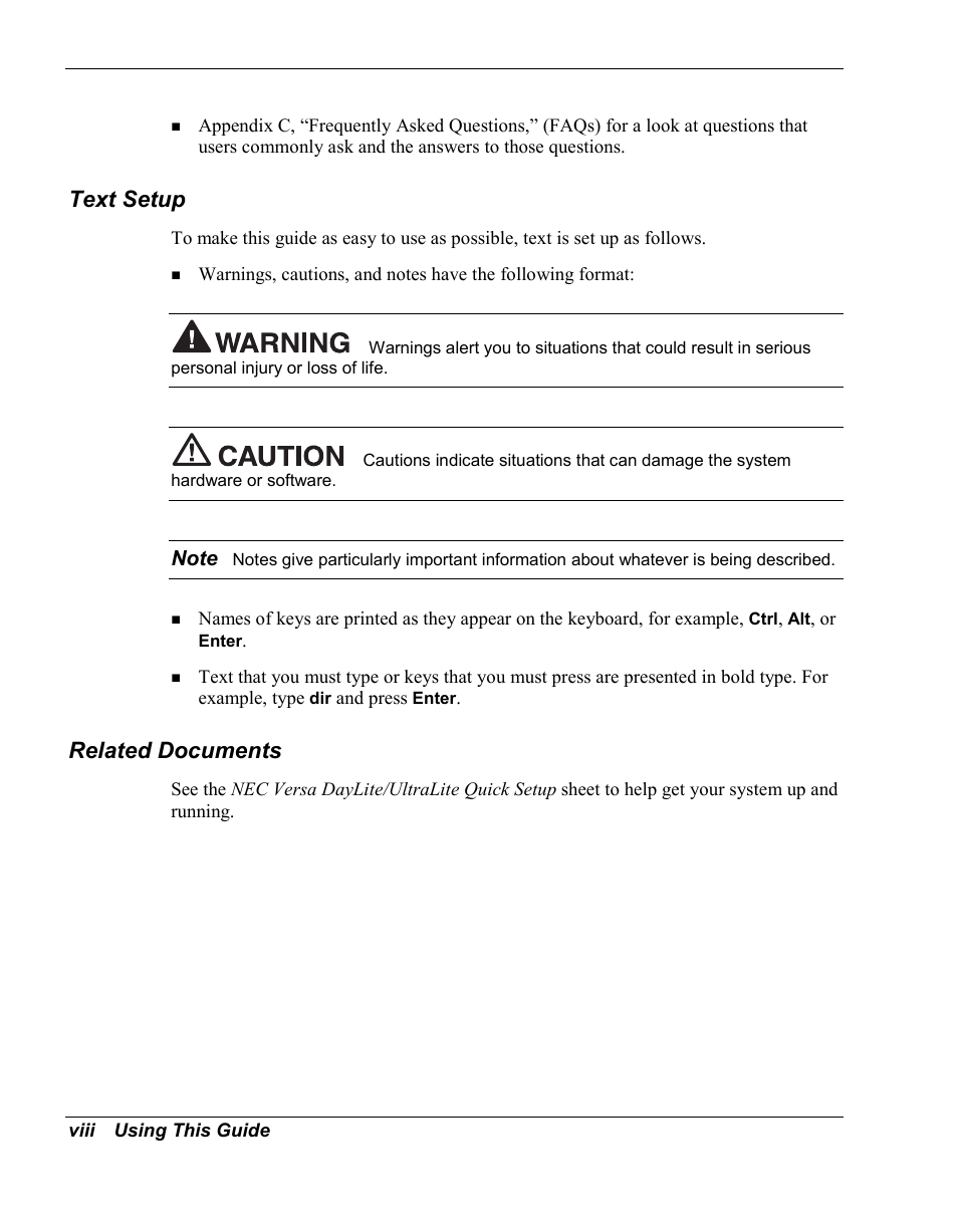 Text setup, Related documents | NEC Versa Series User Manual | Page 8 / 150