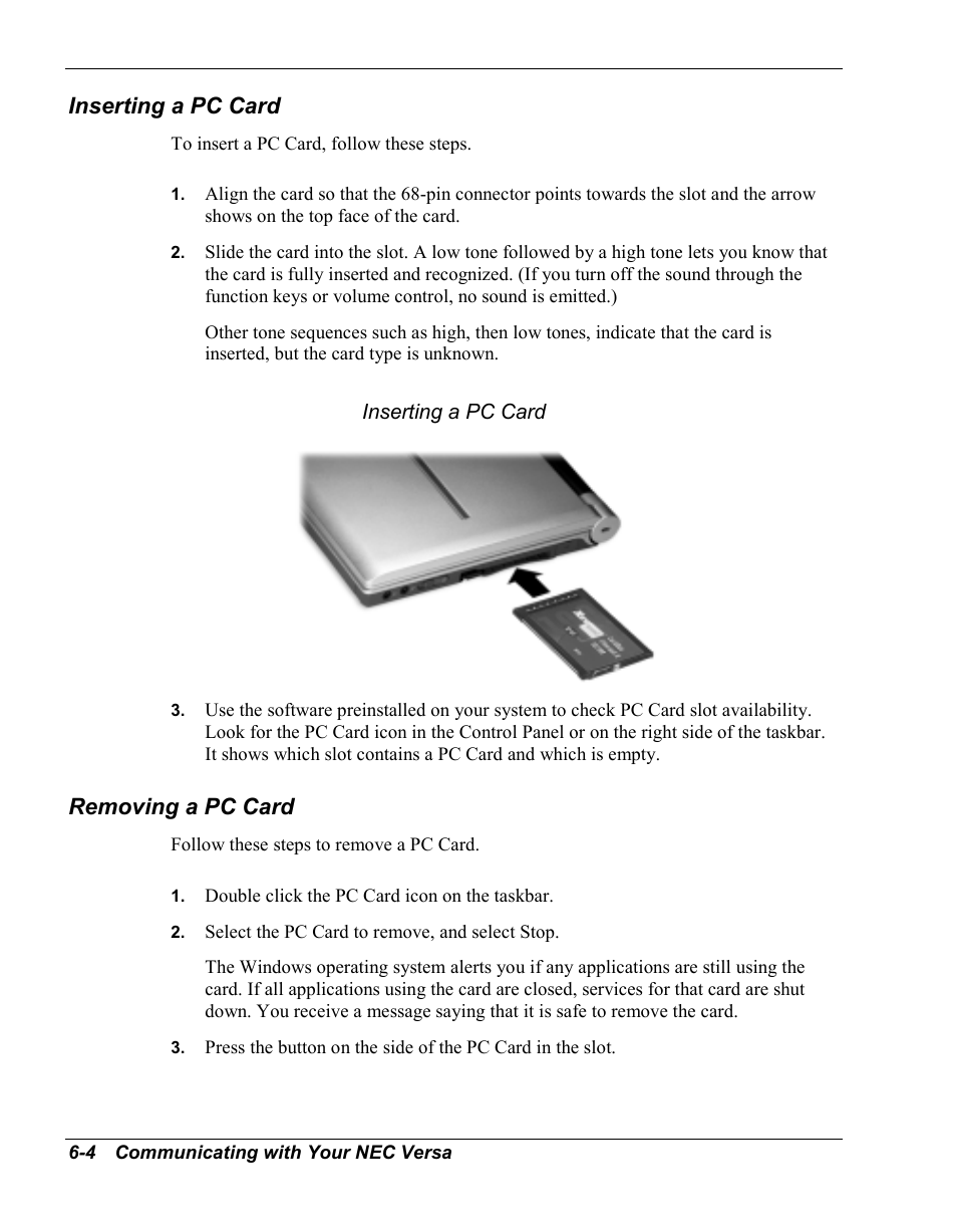 Inserting a pc card, Removing a pc card | NEC Versa Series User Manual | Page 80 / 150