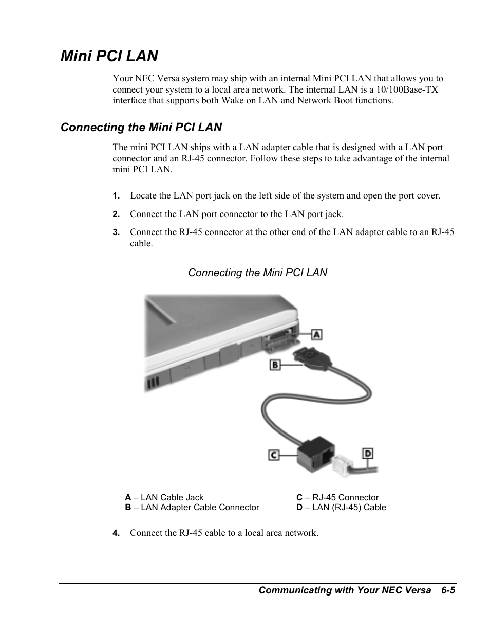 Mini pci lan, Connecting the mini pci lan | NEC Versa Series User Manual | Page 81 / 150