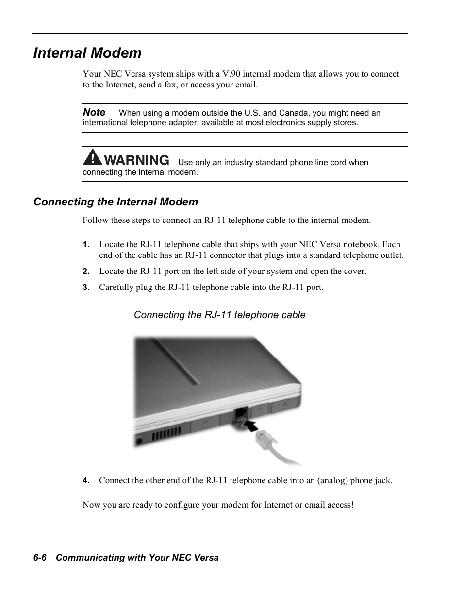 Internal modem, Connecting the internal modem | NEC Versa Series User Manual | Page 82 / 150