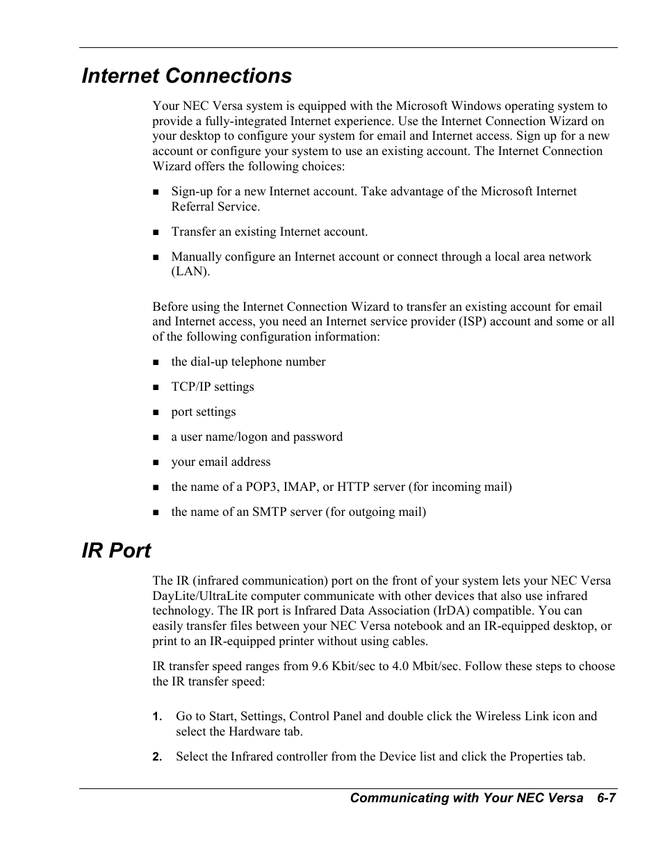 Internet connections, Ir port | NEC Versa Series User Manual | Page 83 / 150
