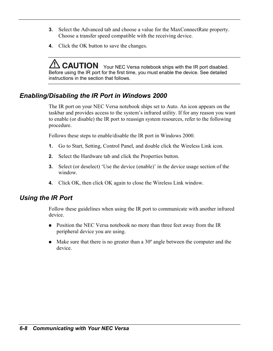 Enabling/disabling the ir port in windows 2000, Using the ir port | NEC Versa Series User Manual | Page 84 / 150