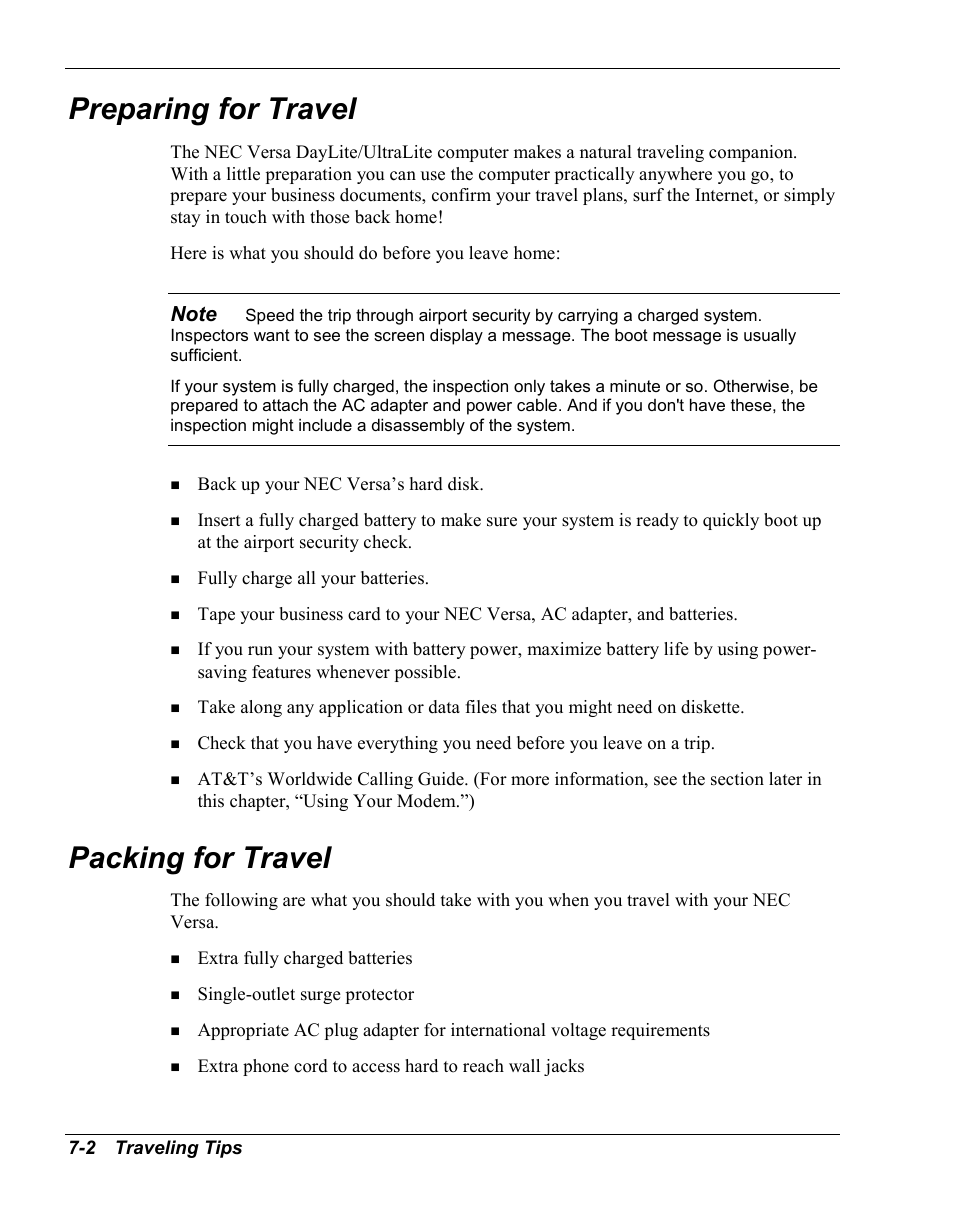 Preparing for travel, Packing for travel | NEC Versa Series User Manual | Page 86 / 150