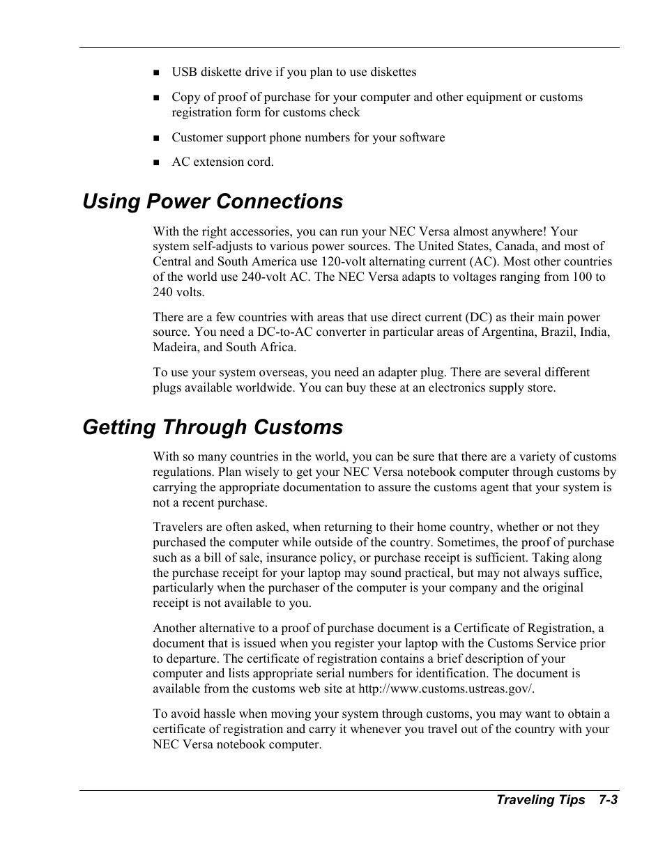 Using power connections, Getting through customs | NEC Versa Series User Manual | Page 87 / 150