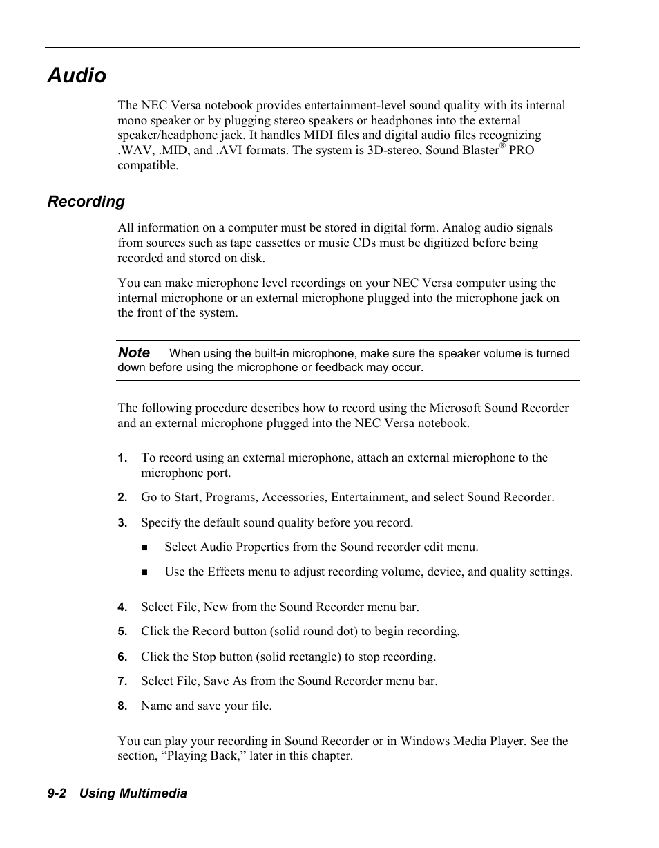 Audio, Recording | NEC Versa Series User Manual | Page 95 / 150
