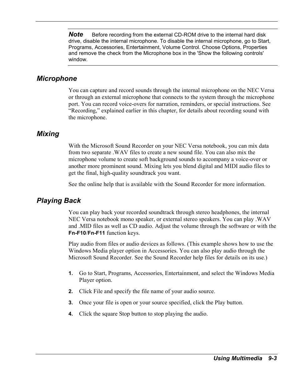 Microphone, Mixing, Playing back | NEC Versa Series User Manual | Page 96 / 150