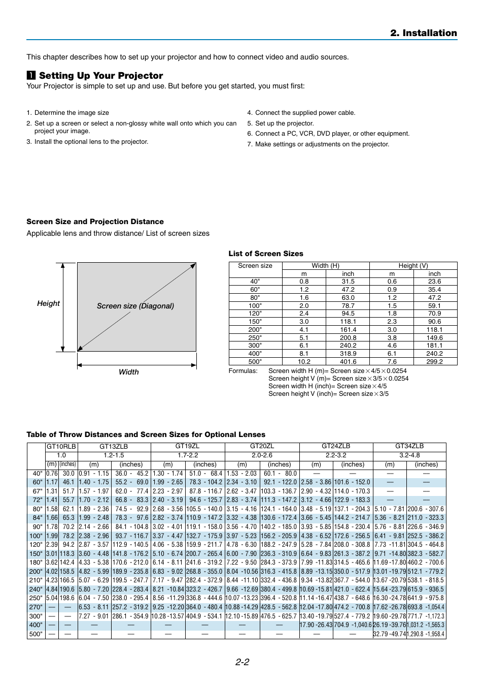 Z setting up your projector, Installation | NEC GT5000 User Manual | Page 20 / 105