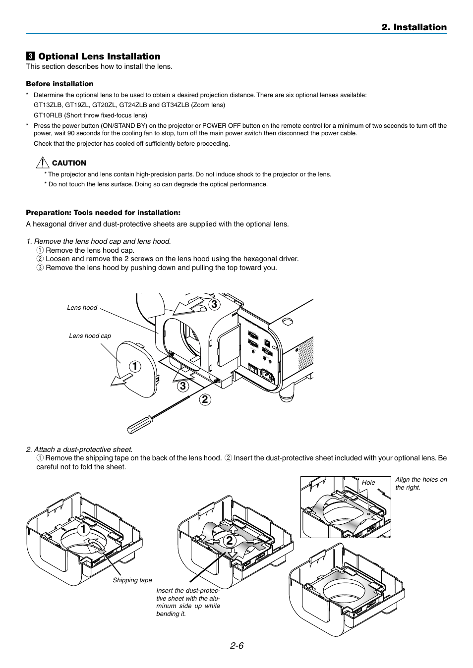 C optional lens installation, Installation, Remove the lens hood cap and lens hood | Attach a dust-protective sheet, Caution, B/c b v h/ hv r l/m ono r l/m ono | NEC GT5000 User Manual | Page 24 / 105