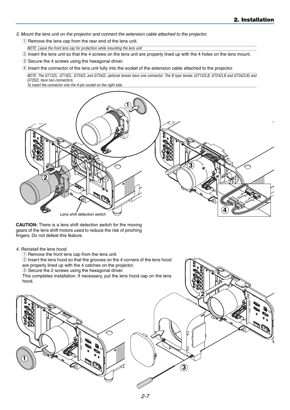 Installation, Reinstall the lens hood, Aud io | Audio, Lens shift defection switch | NEC GT5000 User Manual | Page 25 / 105