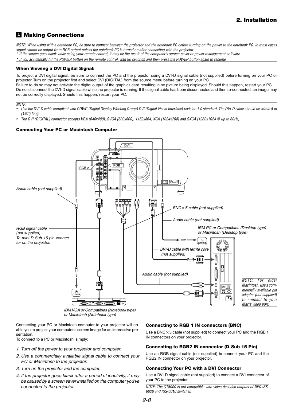 8 v making connections, Installation, When viewing a dvi digital signal | Audio, Connecting your pc or macintosh computer, Connecting to rgb 1 in connectors (bnc), Connecting to rgb2 in connector (d-sub 15 pin), Connecting your pc with a dvi connector | NEC GT5000 User Manual | Page 26 / 105