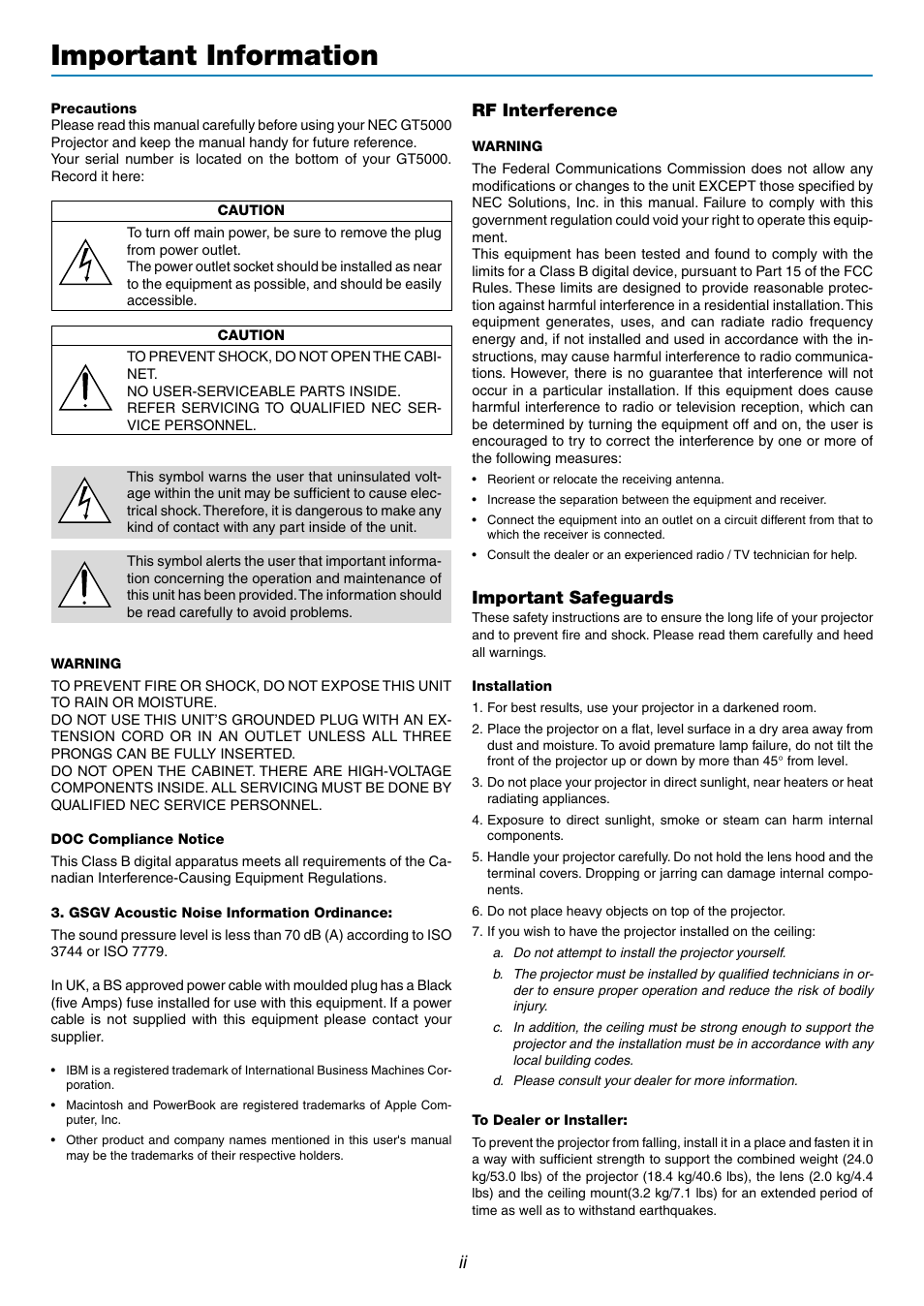 Important information, Rf interference, Important safeguards | NEC GT5000 User Manual | Page 3 / 105