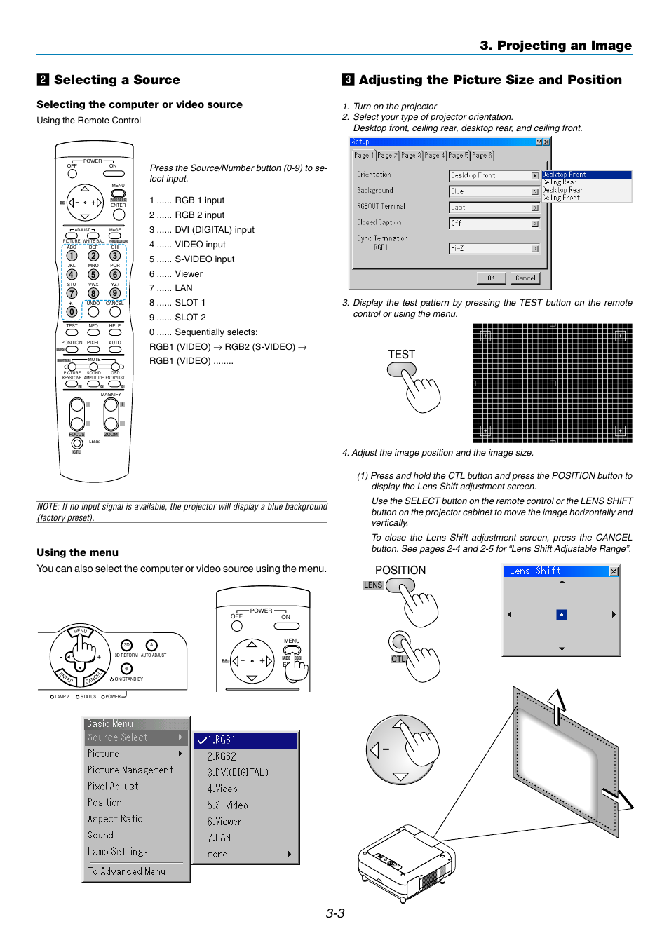 3 3. projecting an image x selecting a source, C adjusting the picture size and position, Position | Test, Selecting the computer or video source | NEC GT5000 User Manual | Page 32 / 105