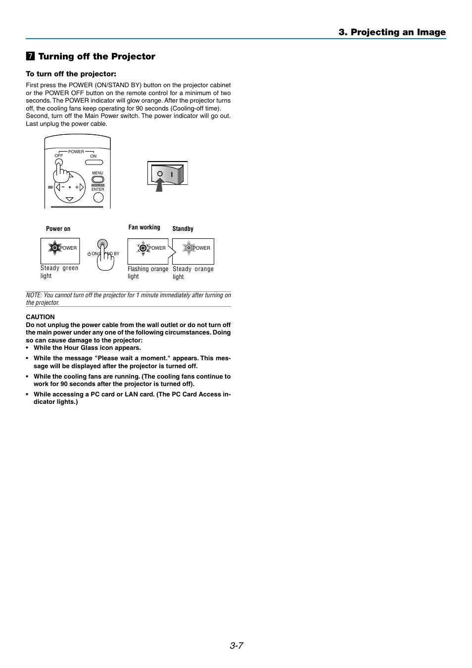 7 m turning off the projector, Projecting an image | NEC GT5000 User Manual | Page 36 / 105